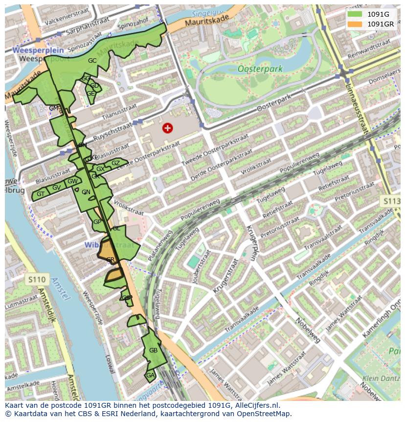 Afbeelding van het postcodegebied 1091 GR op de kaart.