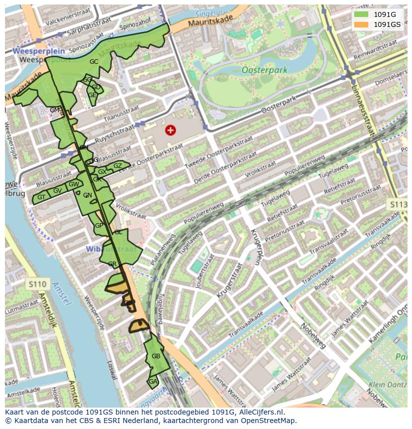 Afbeelding van het postcodegebied 1091 GS op de kaart.