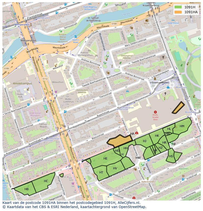 Afbeelding van het postcodegebied 1091 HA op de kaart.