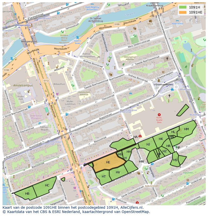 Afbeelding van het postcodegebied 1091 HE op de kaart.