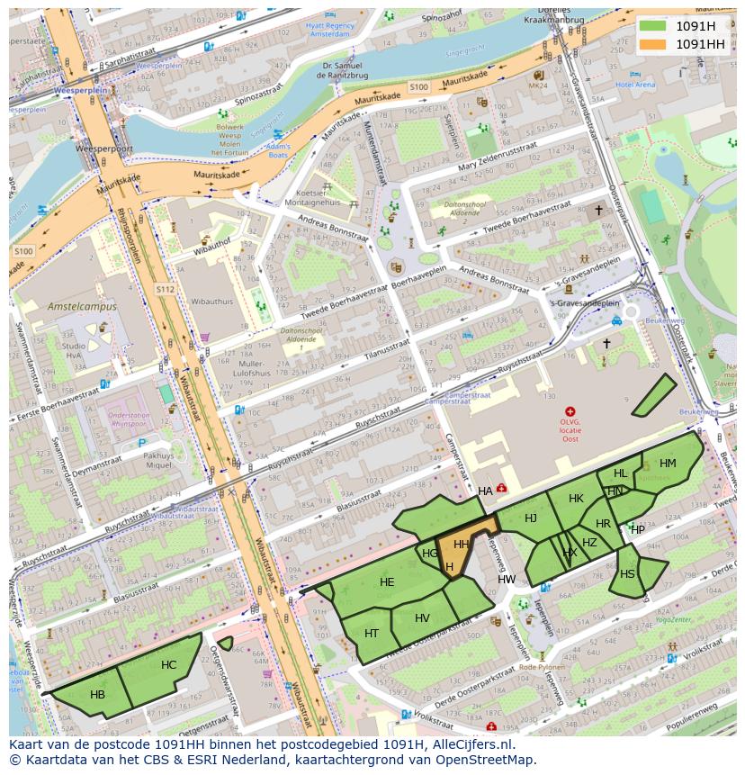 Afbeelding van het postcodegebied 1091 HH op de kaart.