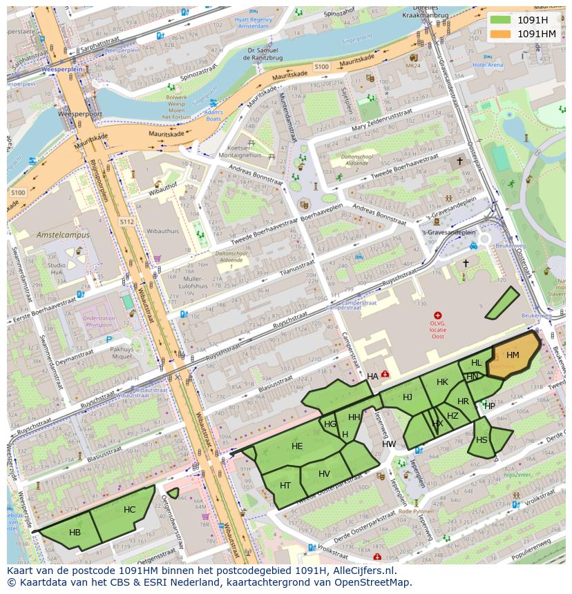 Afbeelding van het postcodegebied 1091 HM op de kaart.