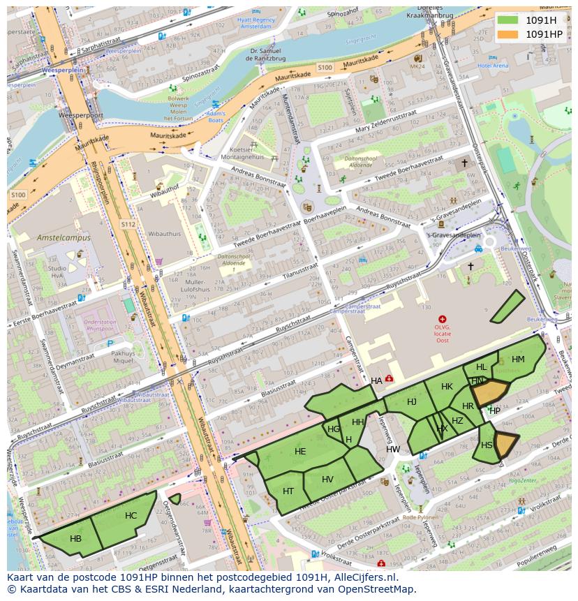Afbeelding van het postcodegebied 1091 HP op de kaart.