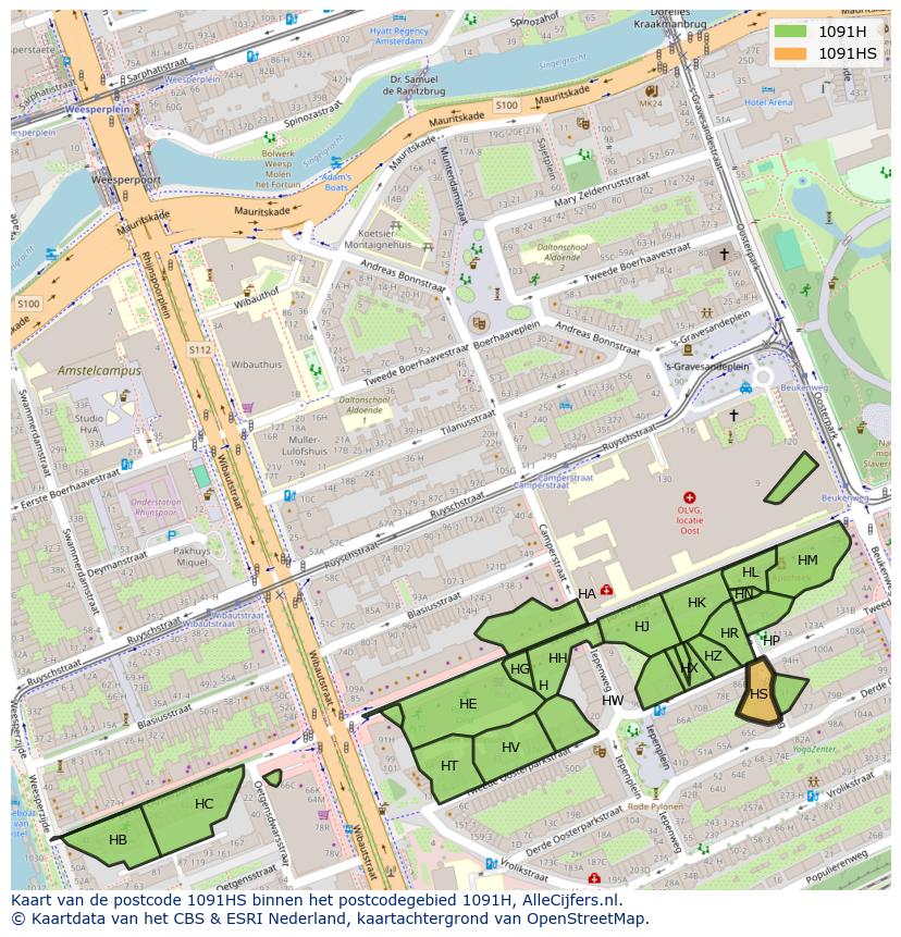Afbeelding van het postcodegebied 1091 HS op de kaart.