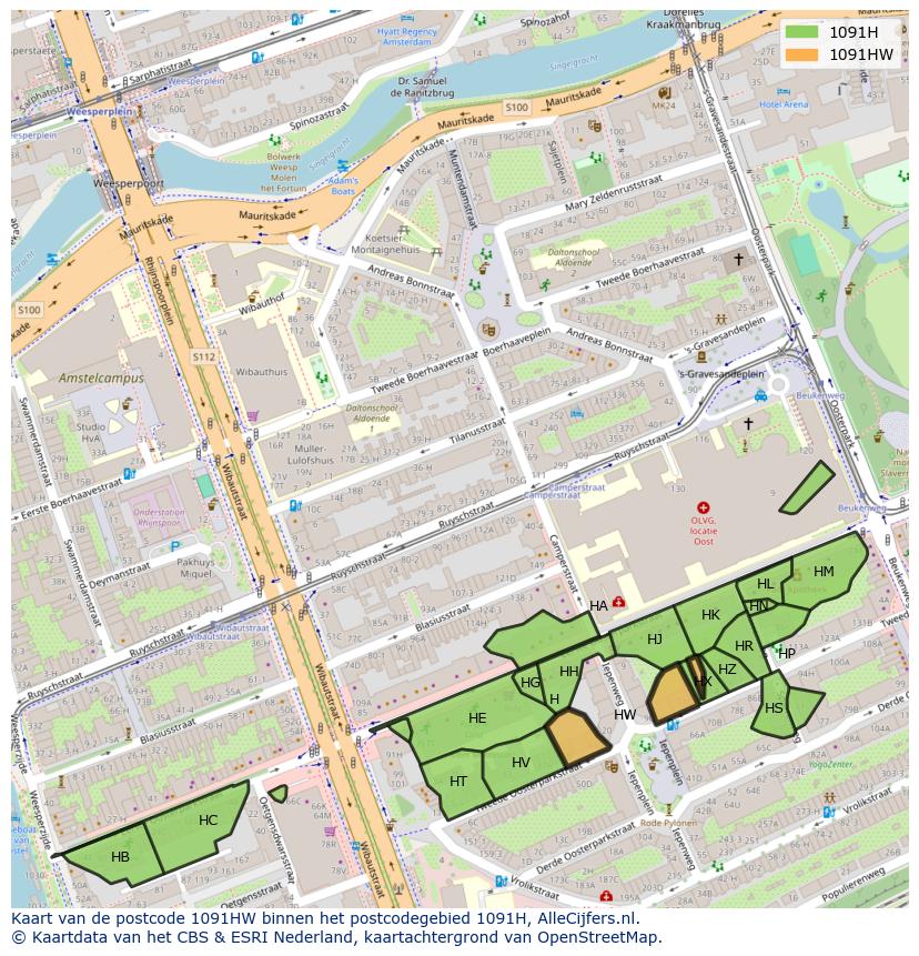 Afbeelding van het postcodegebied 1091 HW op de kaart.