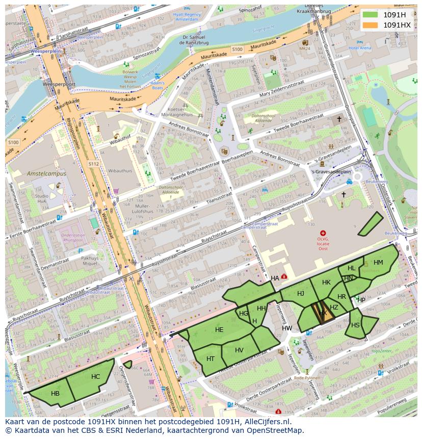 Afbeelding van het postcodegebied 1091 HX op de kaart.