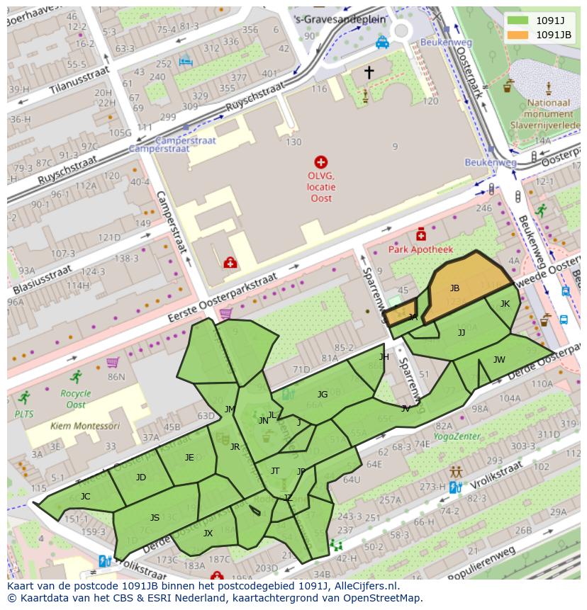 Afbeelding van het postcodegebied 1091 JB op de kaart.