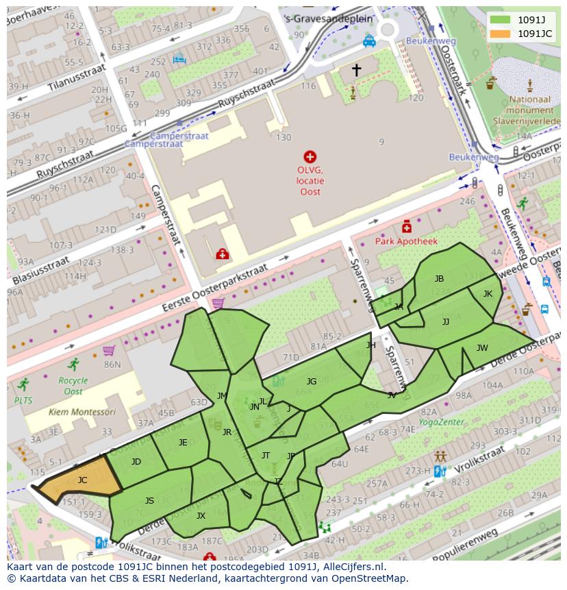 Afbeelding van het postcodegebied 1091 JC op de kaart.