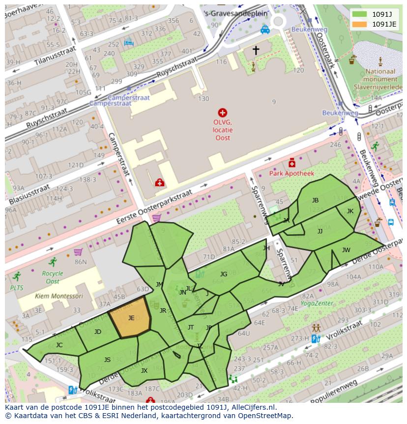 Afbeelding van het postcodegebied 1091 JE op de kaart.