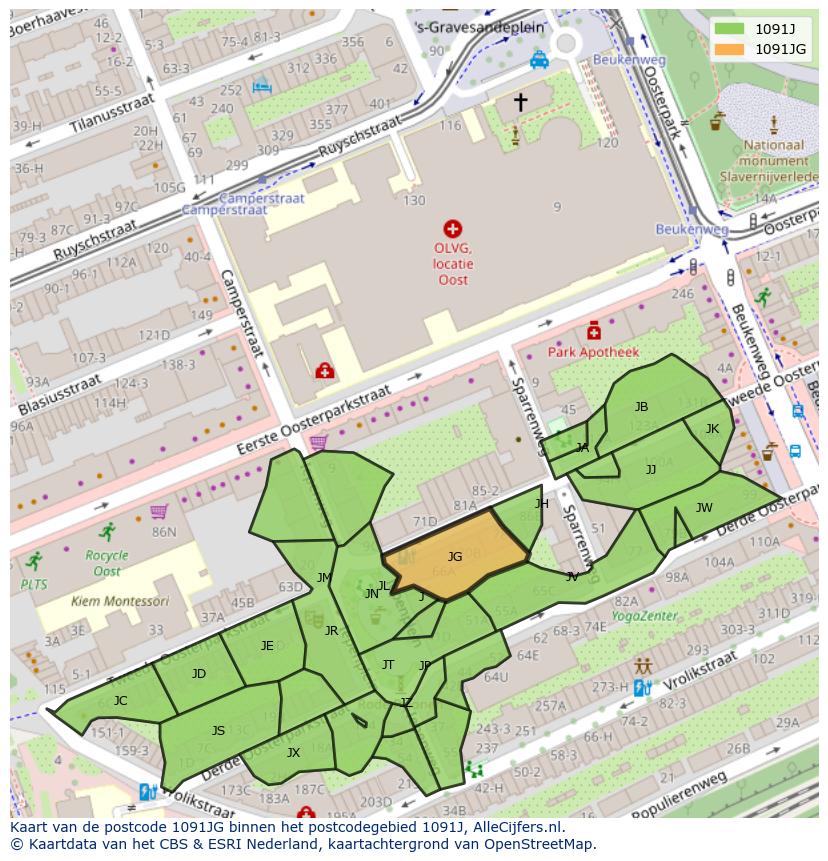 Afbeelding van het postcodegebied 1091 JG op de kaart.