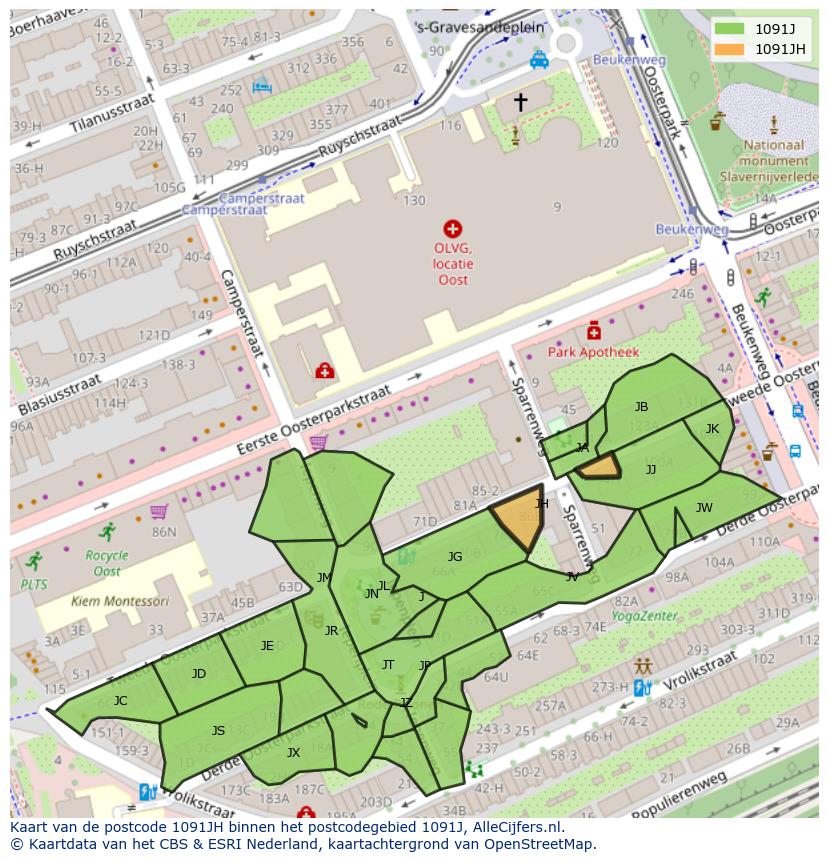 Afbeelding van het postcodegebied 1091 JH op de kaart.