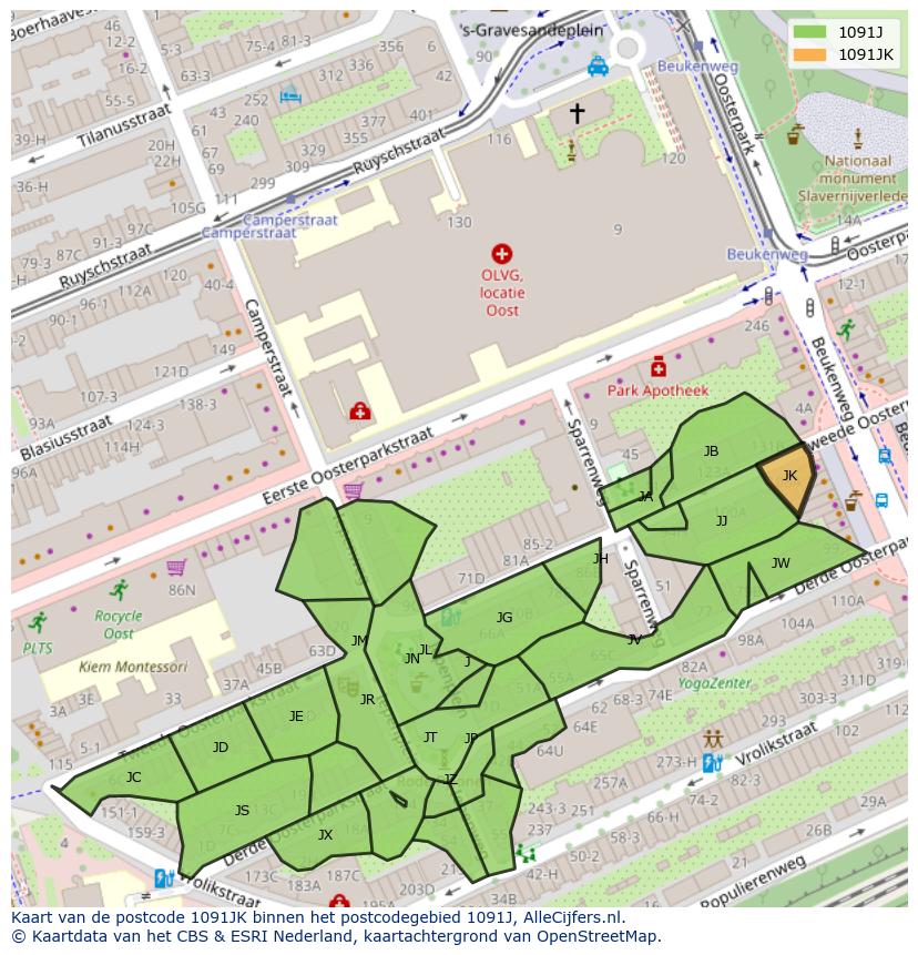Afbeelding van het postcodegebied 1091 JK op de kaart.