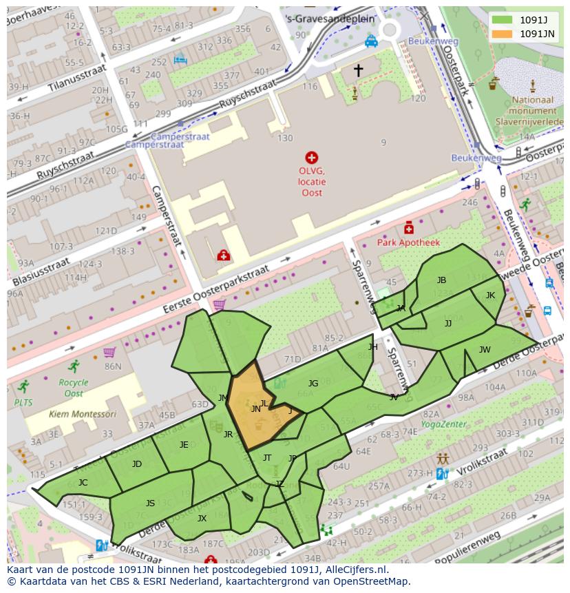 Afbeelding van het postcodegebied 1091 JN op de kaart.