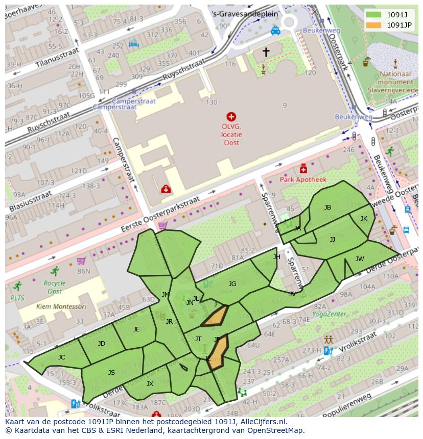 Afbeelding van het postcodegebied 1091 JP op de kaart.