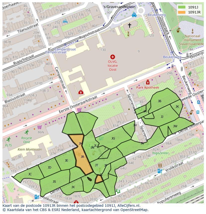 Afbeelding van het postcodegebied 1091 JR op de kaart.