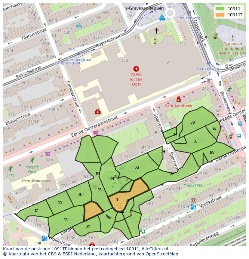 Afbeelding van het postcodegebied 1091 JT op de kaart.