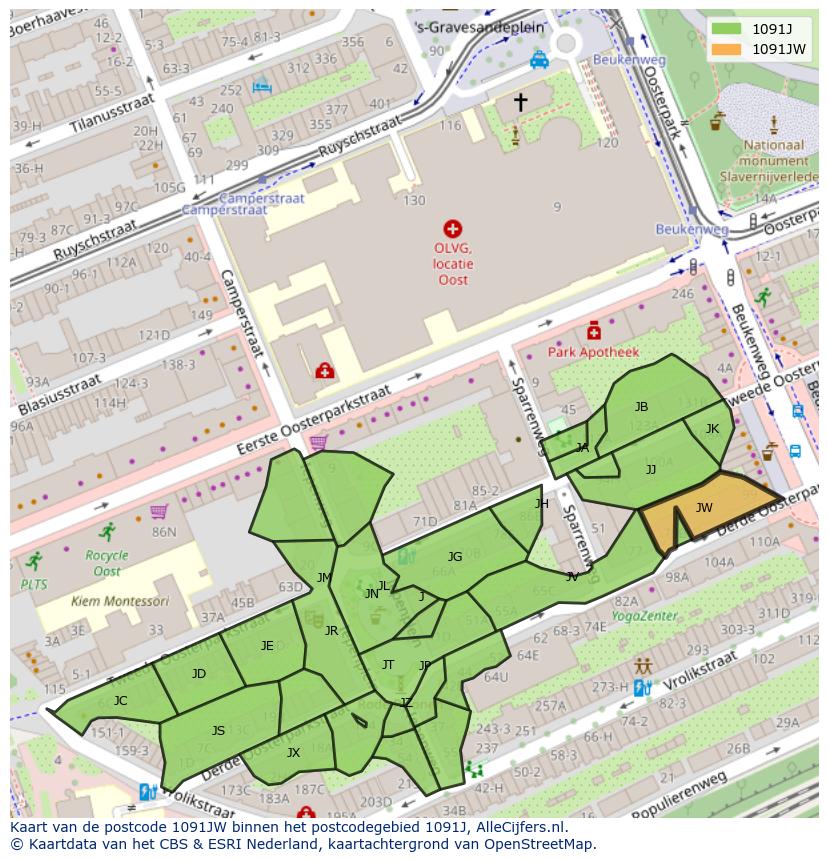 Afbeelding van het postcodegebied 1091 JW op de kaart.