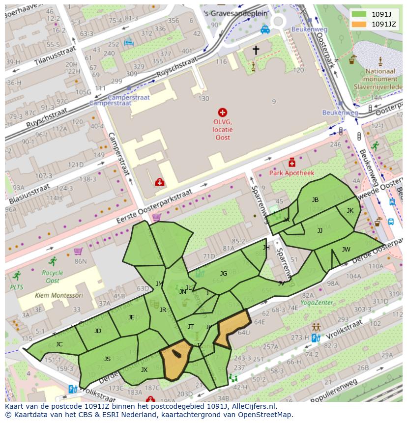 Afbeelding van het postcodegebied 1091 JZ op de kaart.