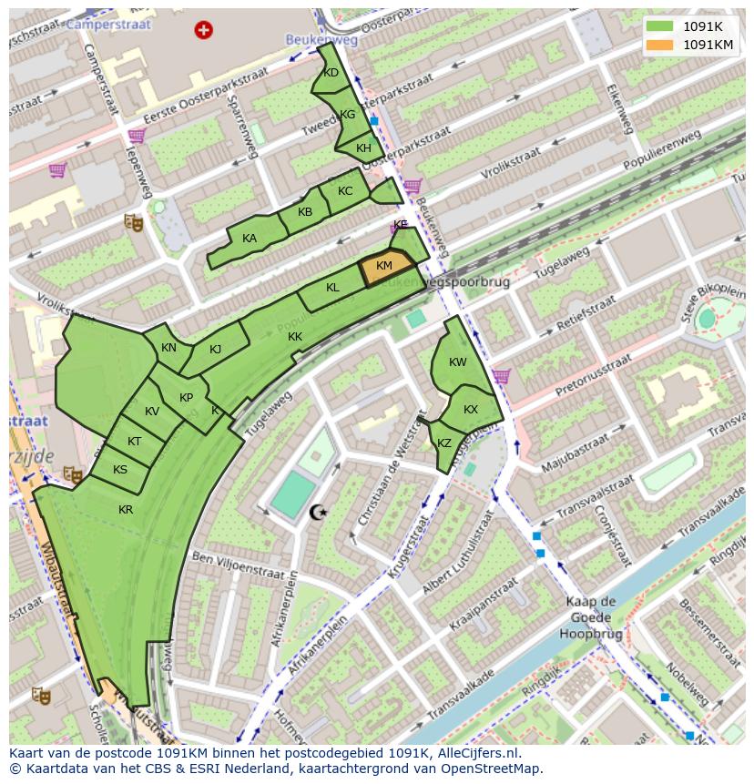 Afbeelding van het postcodegebied 1091 KM op de kaart.