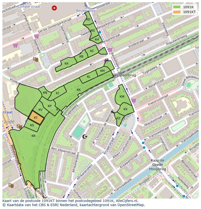 Afbeelding van het postcodegebied 1091 KT op de kaart.