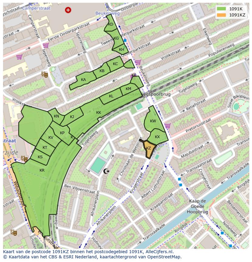 Afbeelding van het postcodegebied 1091 KZ op de kaart.
