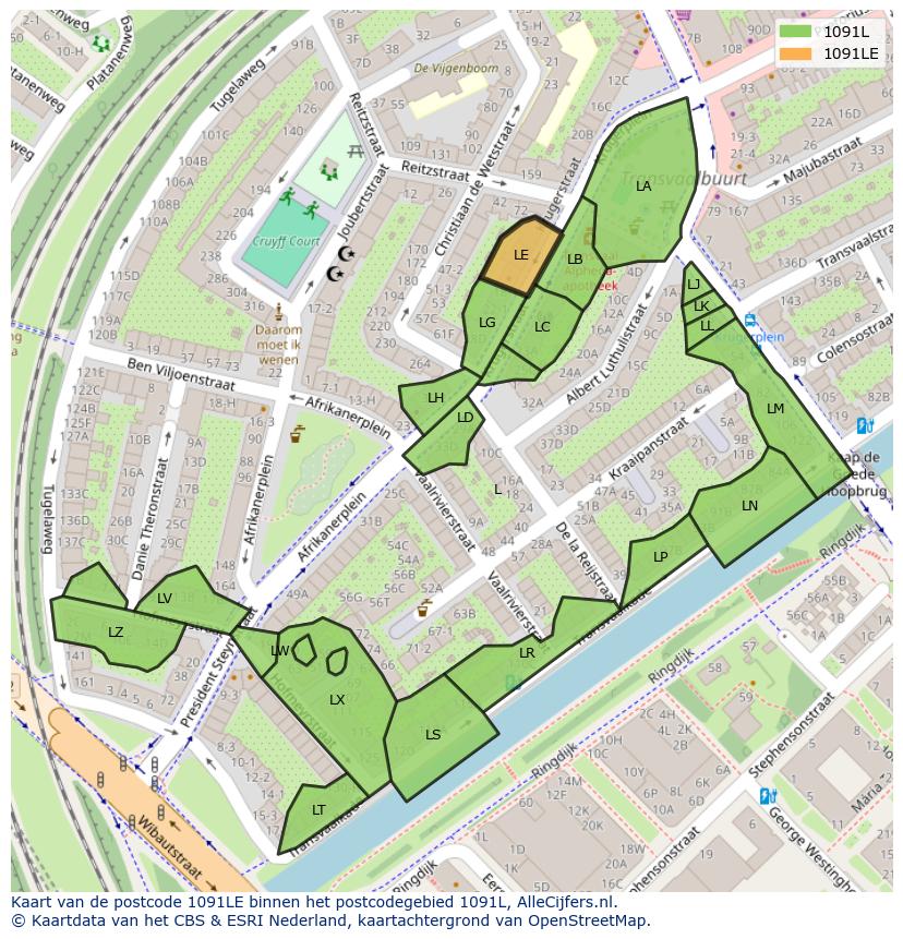 Afbeelding van het postcodegebied 1091 LE op de kaart.