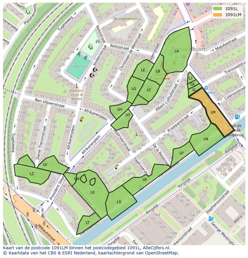 Afbeelding van het postcodegebied 1091 LM op de kaart.