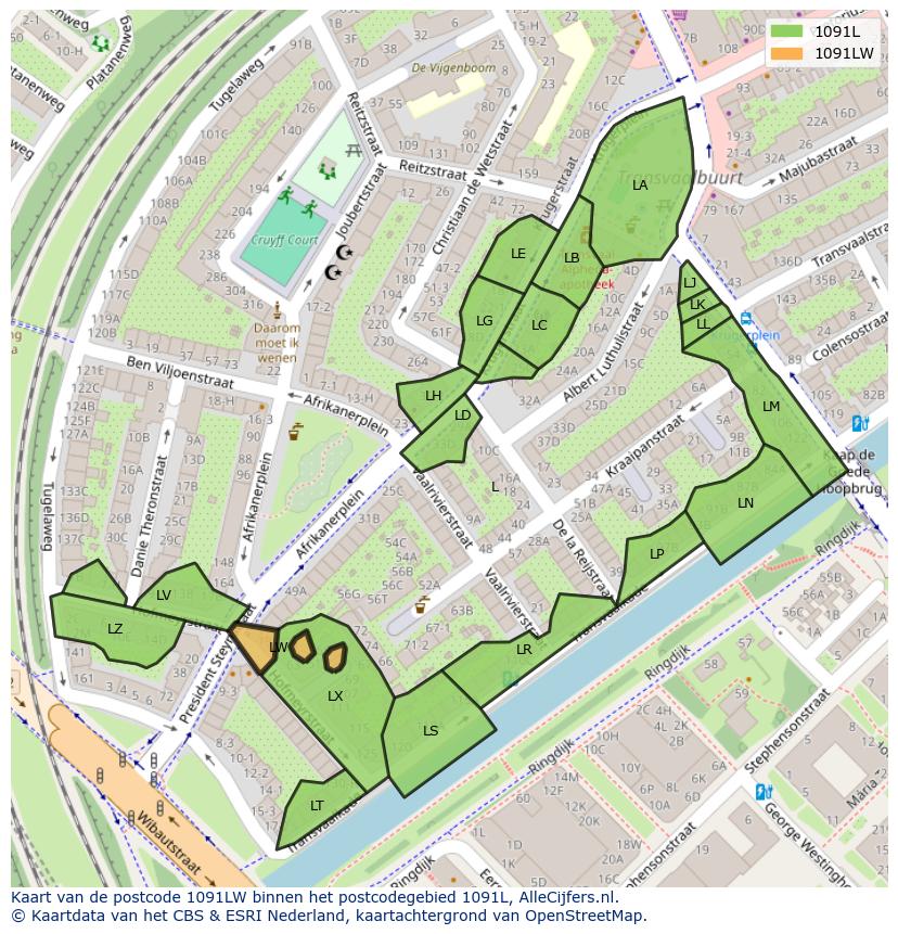 Afbeelding van het postcodegebied 1091 LW op de kaart.