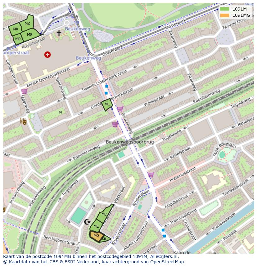 Afbeelding van het postcodegebied 1091 MG op de kaart.