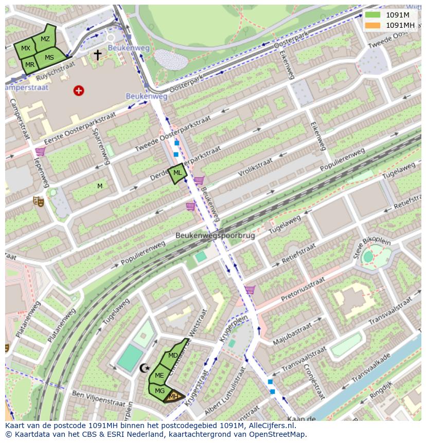 Afbeelding van het postcodegebied 1091 MH op de kaart.