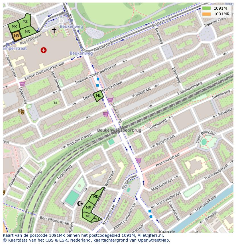 Afbeelding van het postcodegebied 1091 MR op de kaart.