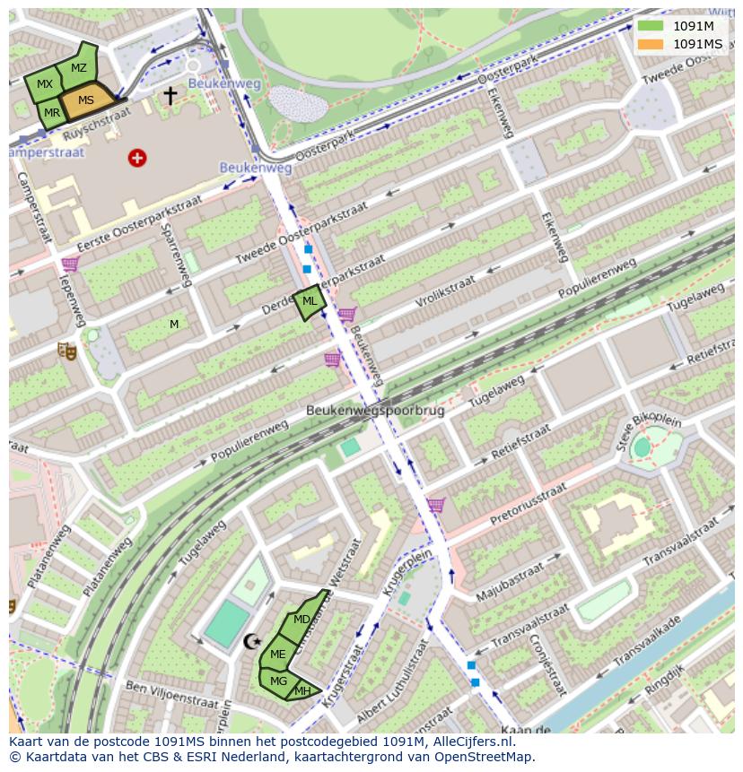 Afbeelding van het postcodegebied 1091 MS op de kaart.