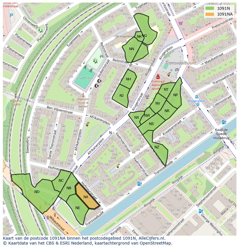 Afbeelding van het postcodegebied 1091 NA op de kaart.