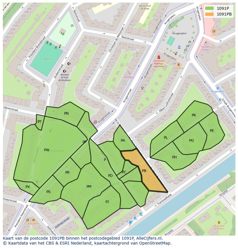 Afbeelding van het postcodegebied 1091 PB op de kaart.