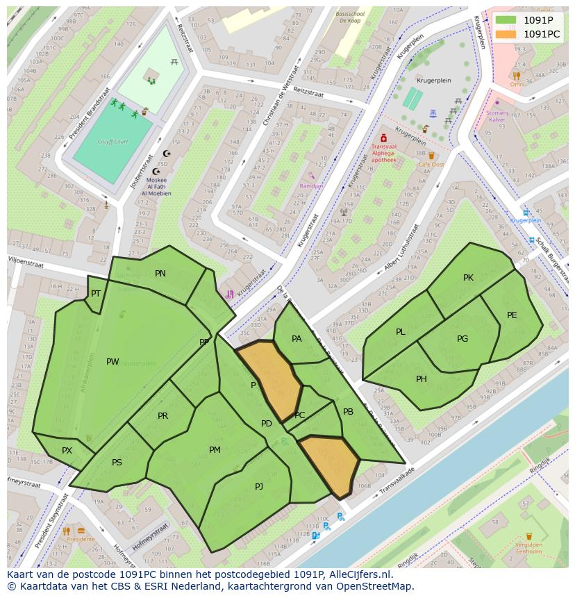 Afbeelding van het postcodegebied 1091 PC op de kaart.