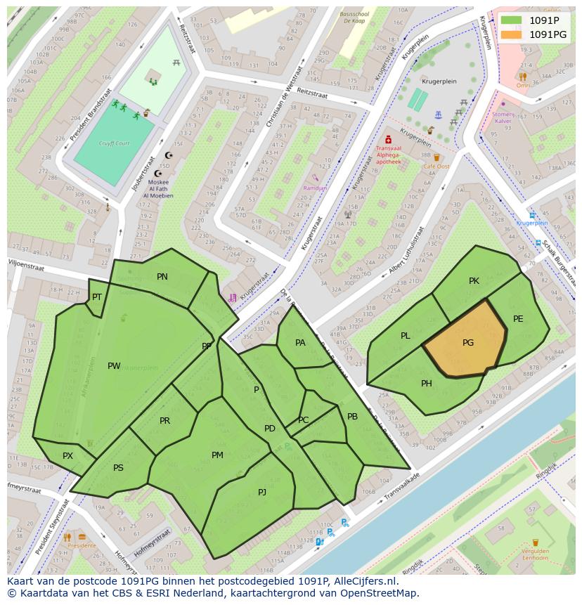 Afbeelding van het postcodegebied 1091 PG op de kaart.