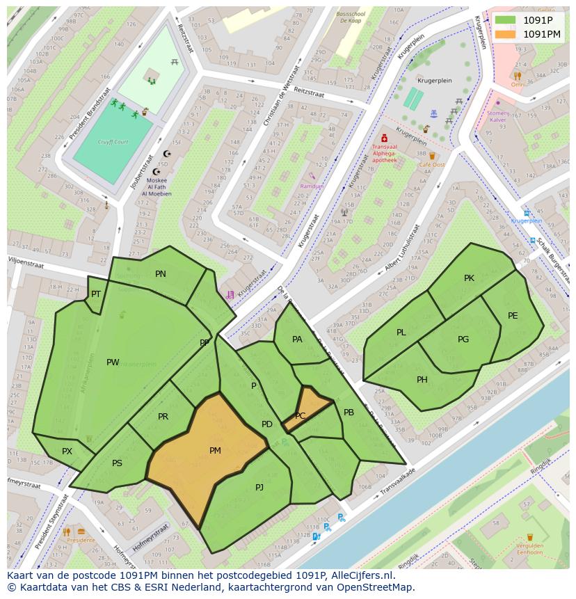 Afbeelding van het postcodegebied 1091 PM op de kaart.