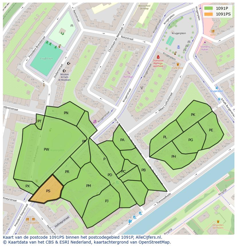 Afbeelding van het postcodegebied 1091 PS op de kaart.