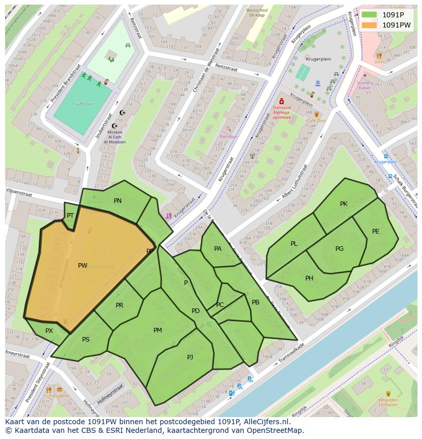 Afbeelding van het postcodegebied 1091 PW op de kaart.