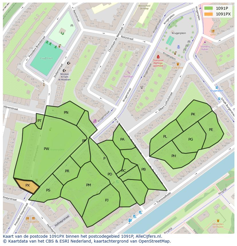 Afbeelding van het postcodegebied 1091 PX op de kaart.