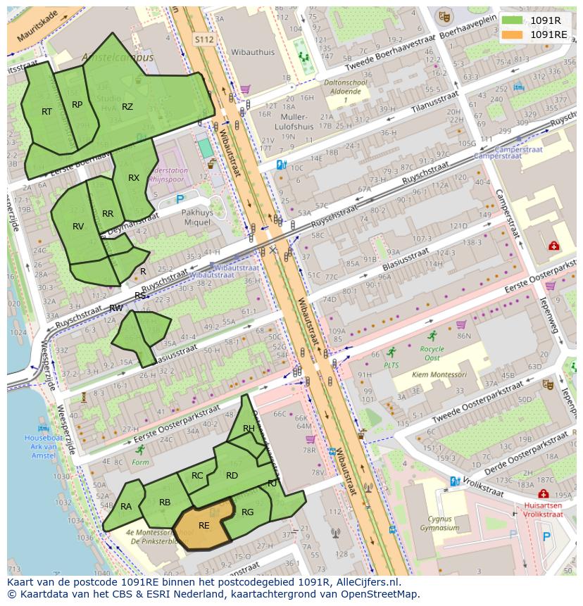 Afbeelding van het postcodegebied 1091 RE op de kaart.
