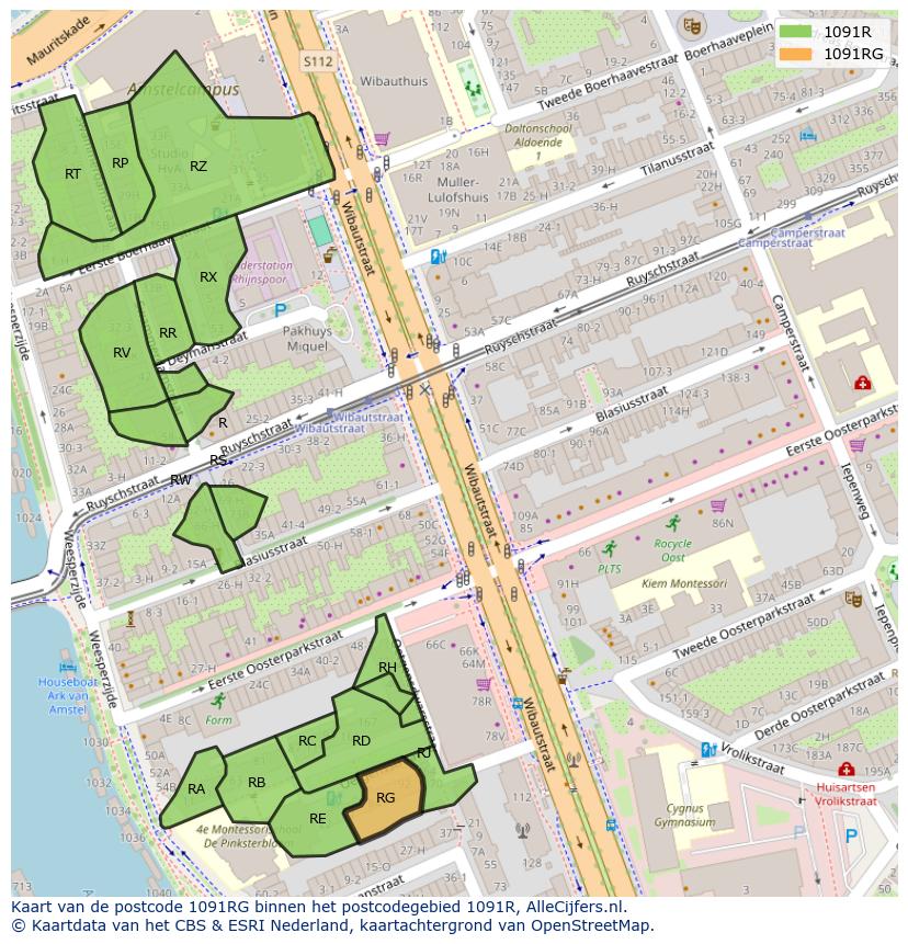 Afbeelding van het postcodegebied 1091 RG op de kaart.