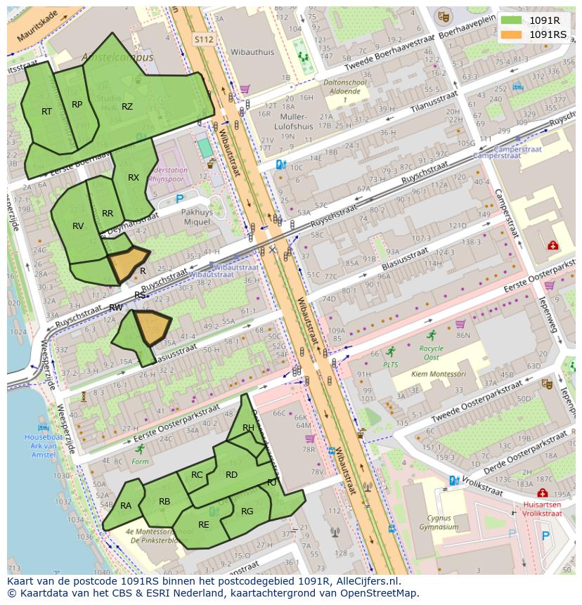 Afbeelding van het postcodegebied 1091 RS op de kaart.
