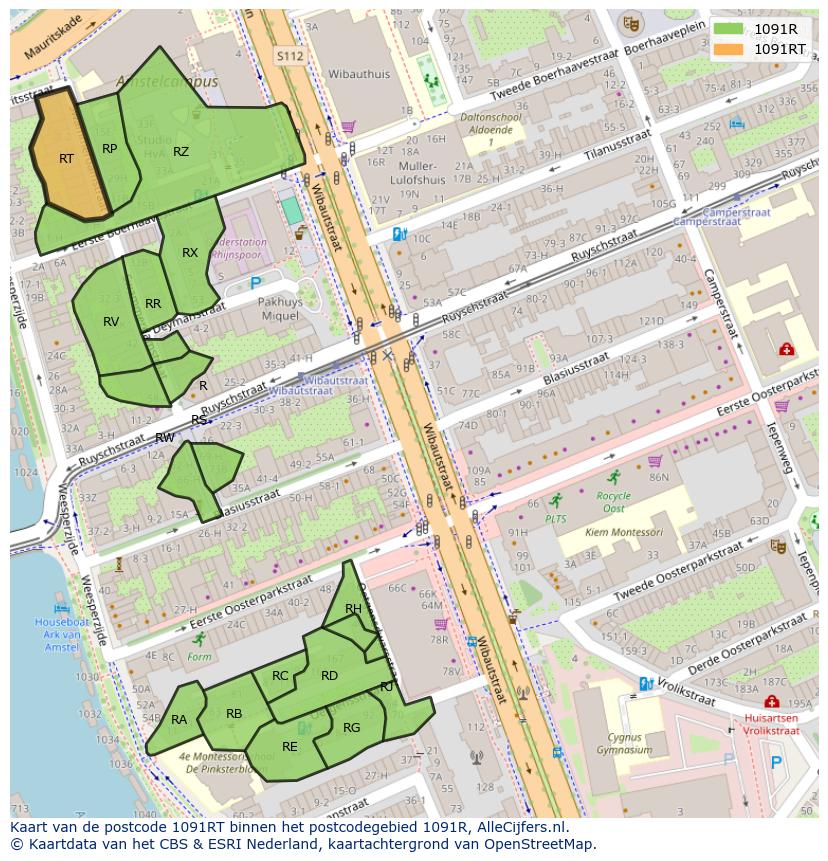 Afbeelding van het postcodegebied 1091 RT op de kaart.