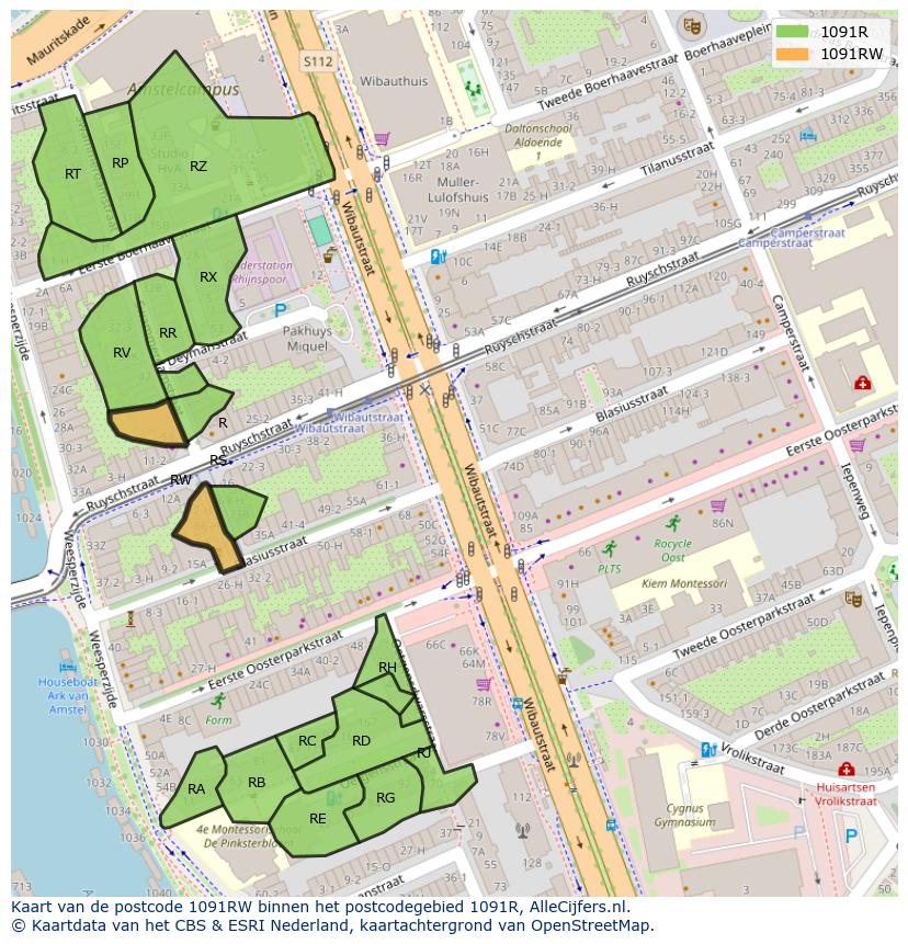 Afbeelding van het postcodegebied 1091 RW op de kaart.