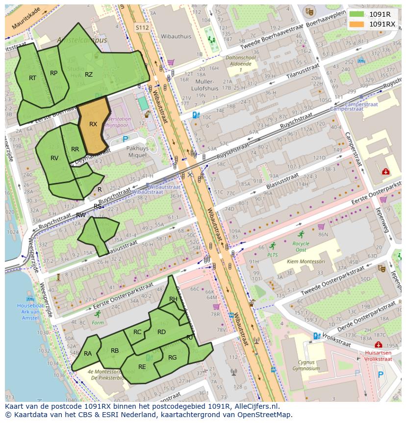 Afbeelding van het postcodegebied 1091 RX op de kaart.
