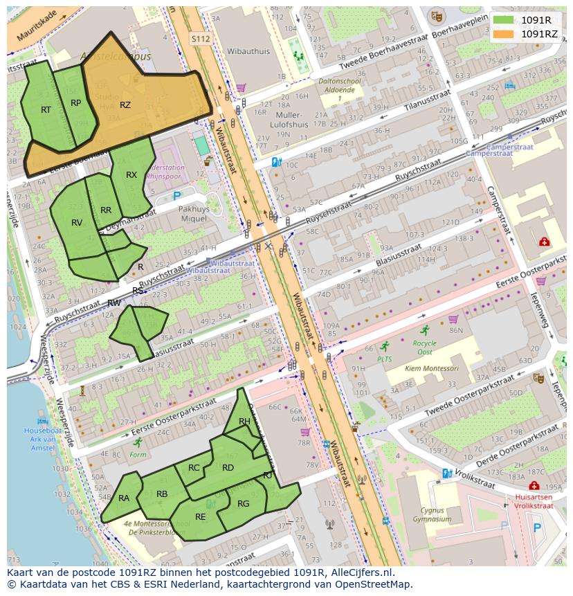 Afbeelding van het postcodegebied 1091 RZ op de kaart.