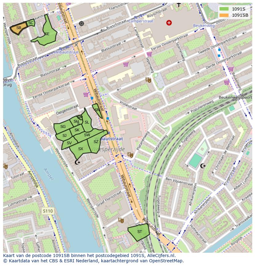 Afbeelding van het postcodegebied 1091 SB op de kaart.