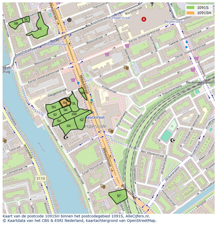 Afbeelding van het postcodegebied 1091 SH op de kaart.