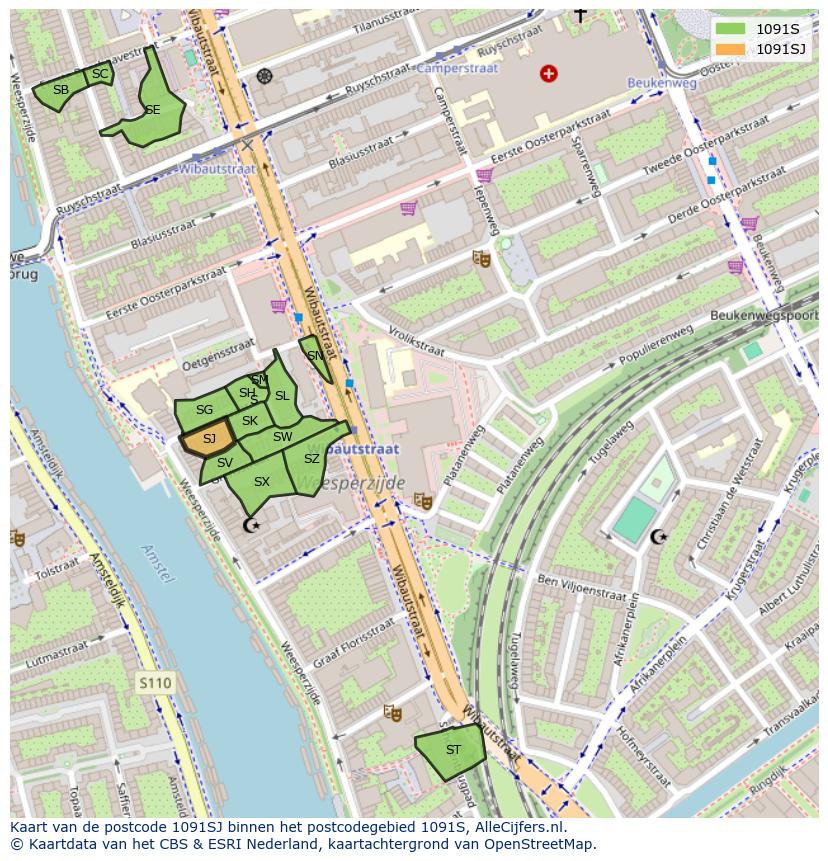 Afbeelding van het postcodegebied 1091 SJ op de kaart.